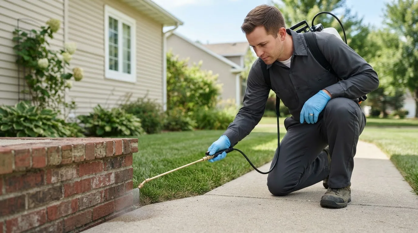 Pest control technician treating a home near Ihlen, MN